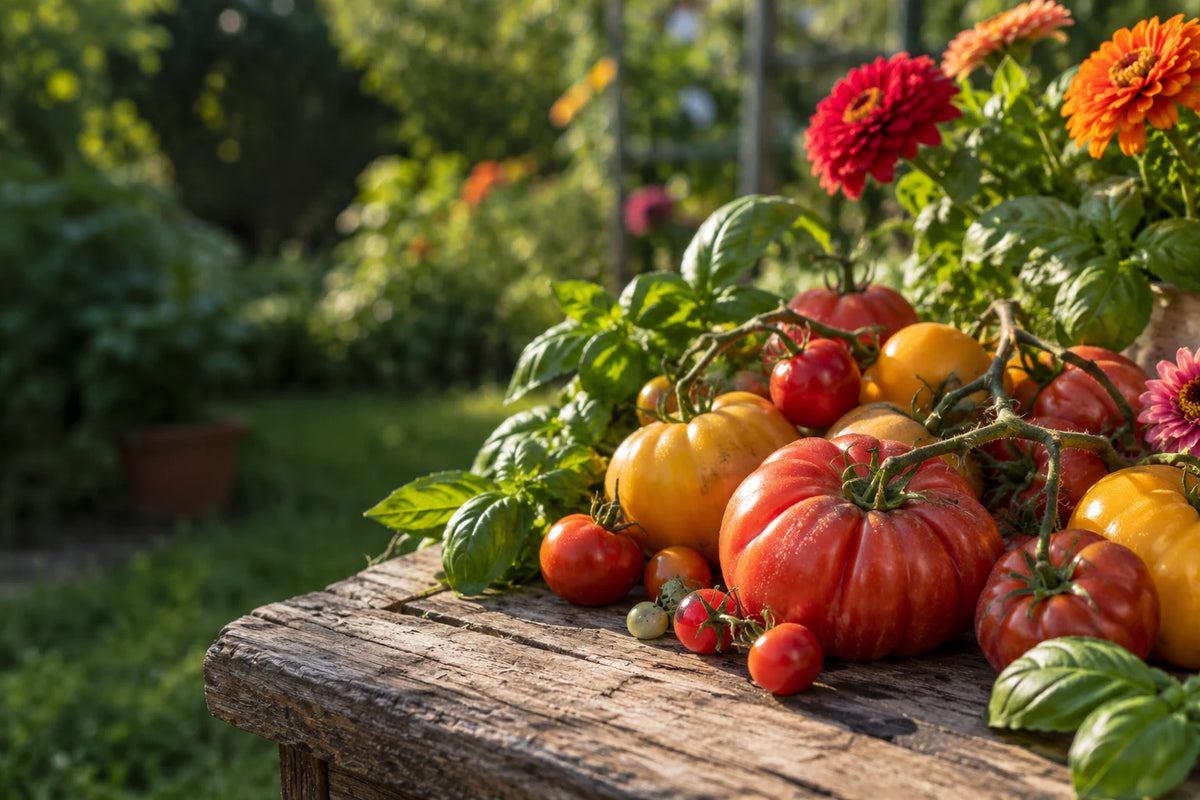 Fresh tomatoes, basil and zinnias from the garden