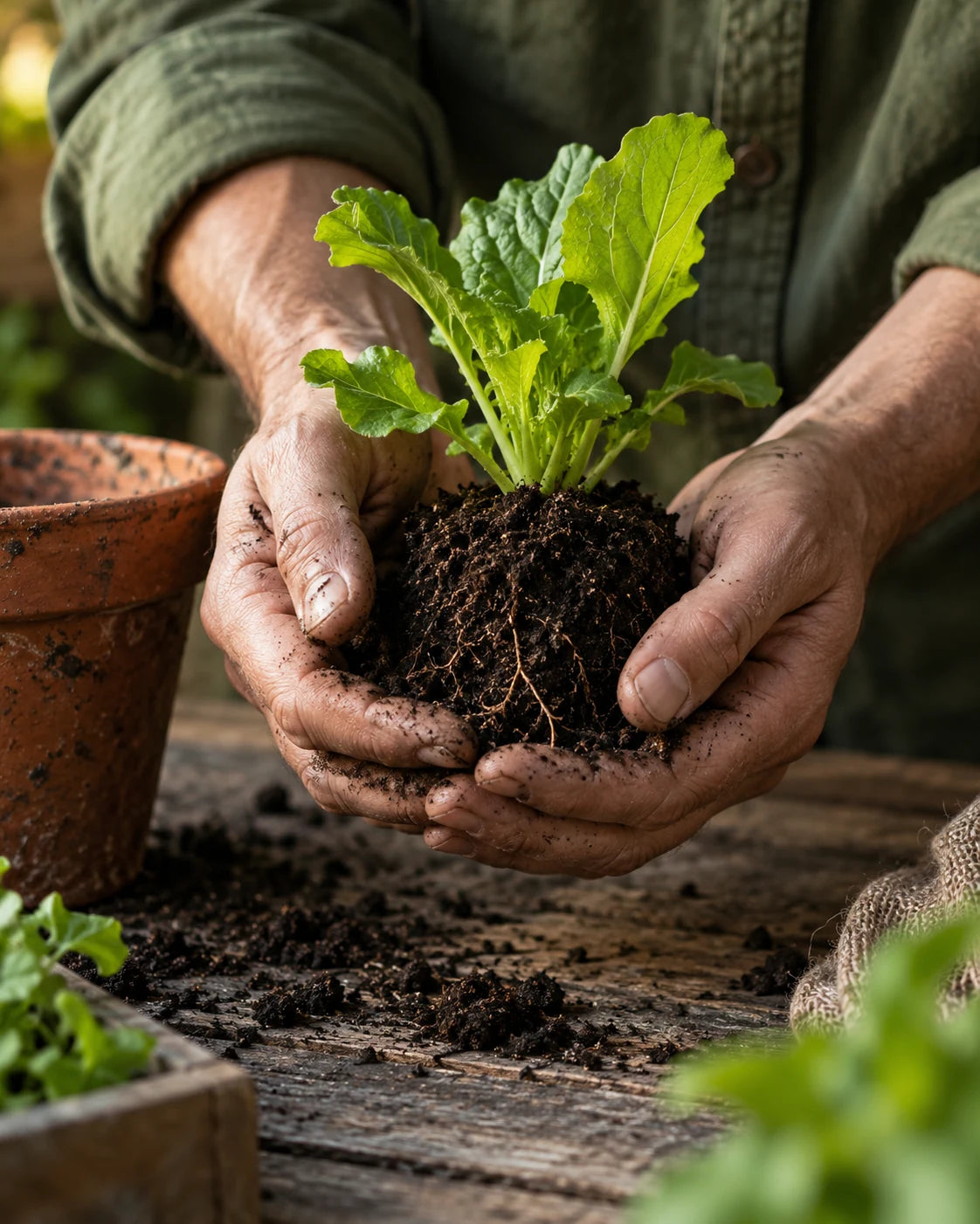 A grower holds a young plant at a potting bench