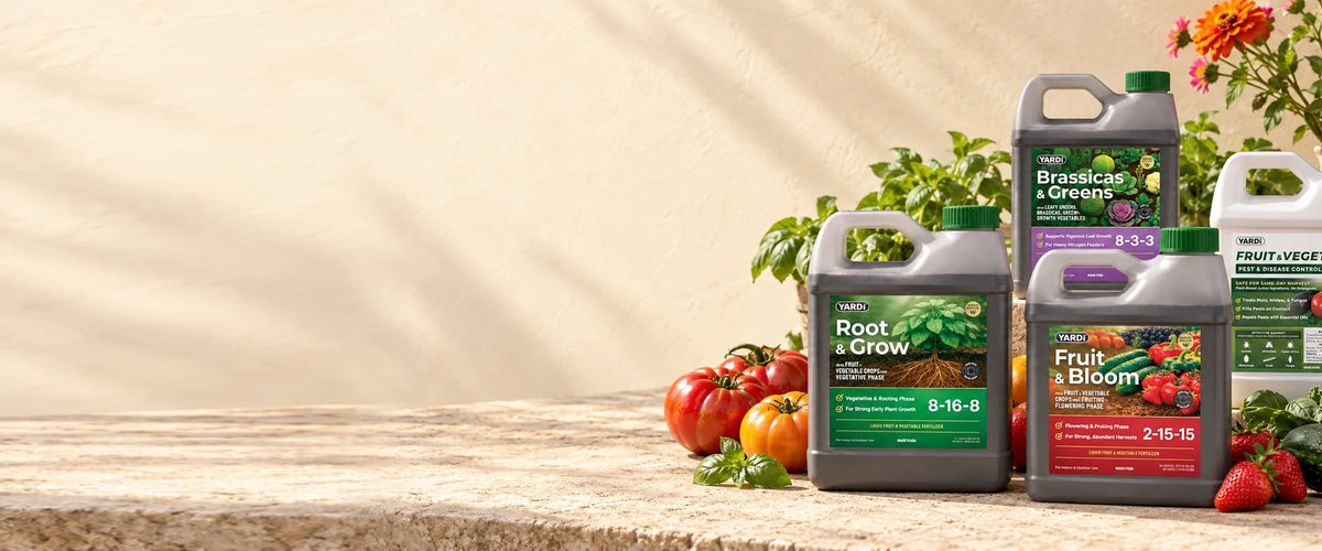 Four YARDi Outdoor products with homegrown vegetables and cut flowers