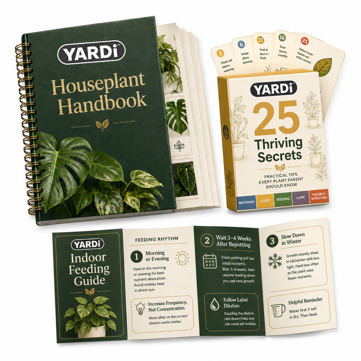 YARDi indoor guides: Houseplant Handbook, 25 Thriving Secrets, Indoor Feeding Guide