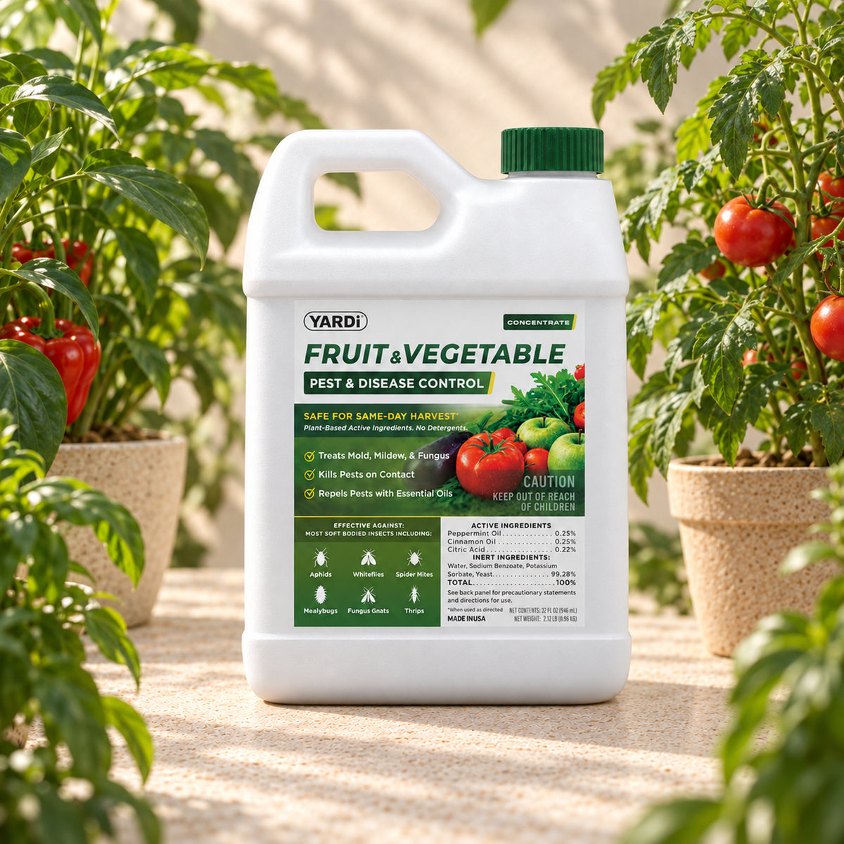 YARDi Fruit & Vegetable Pest & Disease Control 32 oz bottle among tomato plants