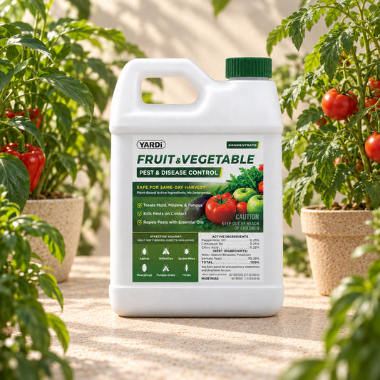 YARDi Fruit & Vegetable Pest & Disease Control 32 oz bottle among tomato plants