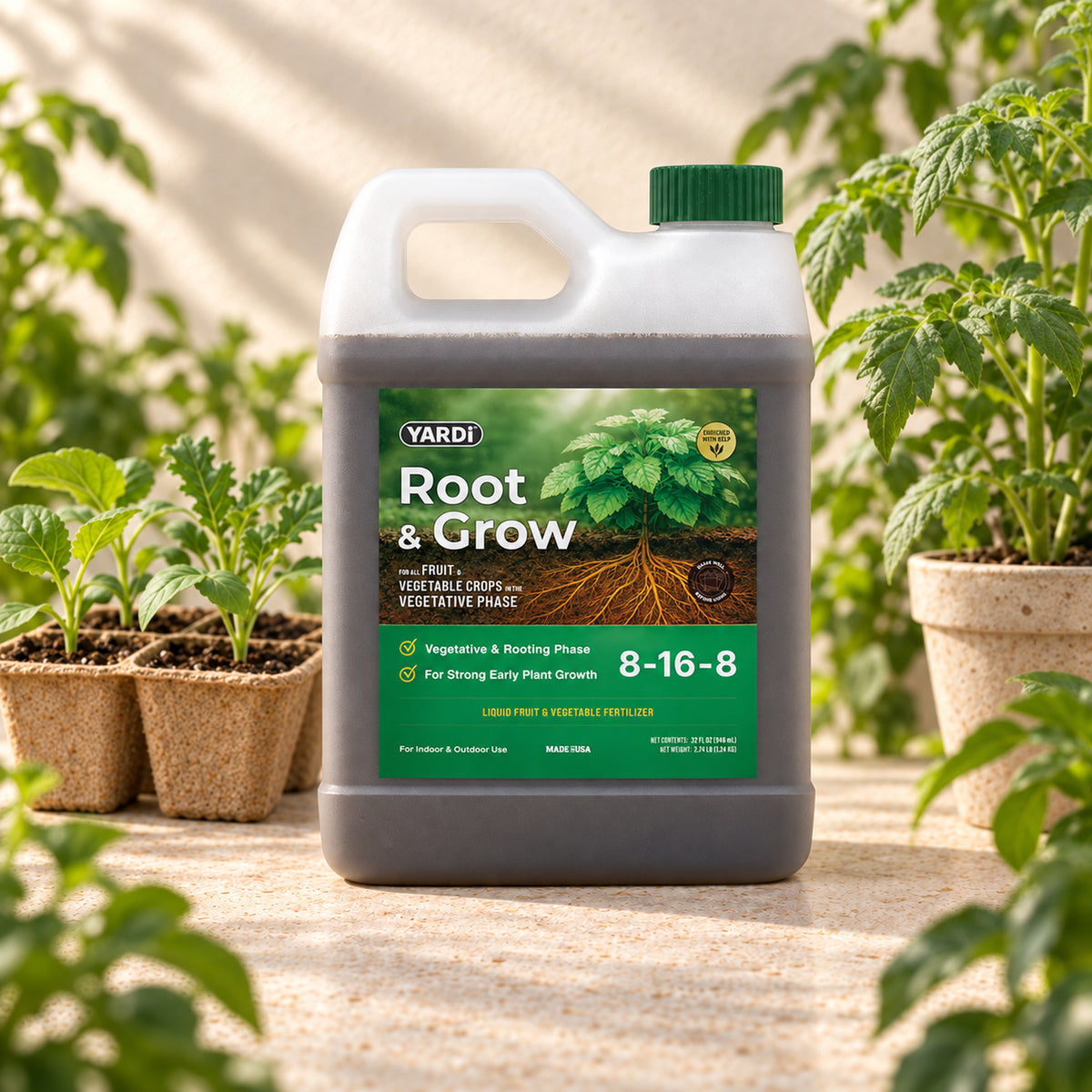 YARDi Root & Grow 8-16-8 liquid fertilizer 32 oz bottle among seedlings and young plants