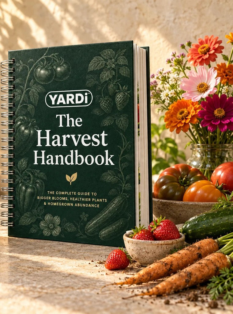 The YARDi Harvest Handbook with homegrown vegetables and cut flowers