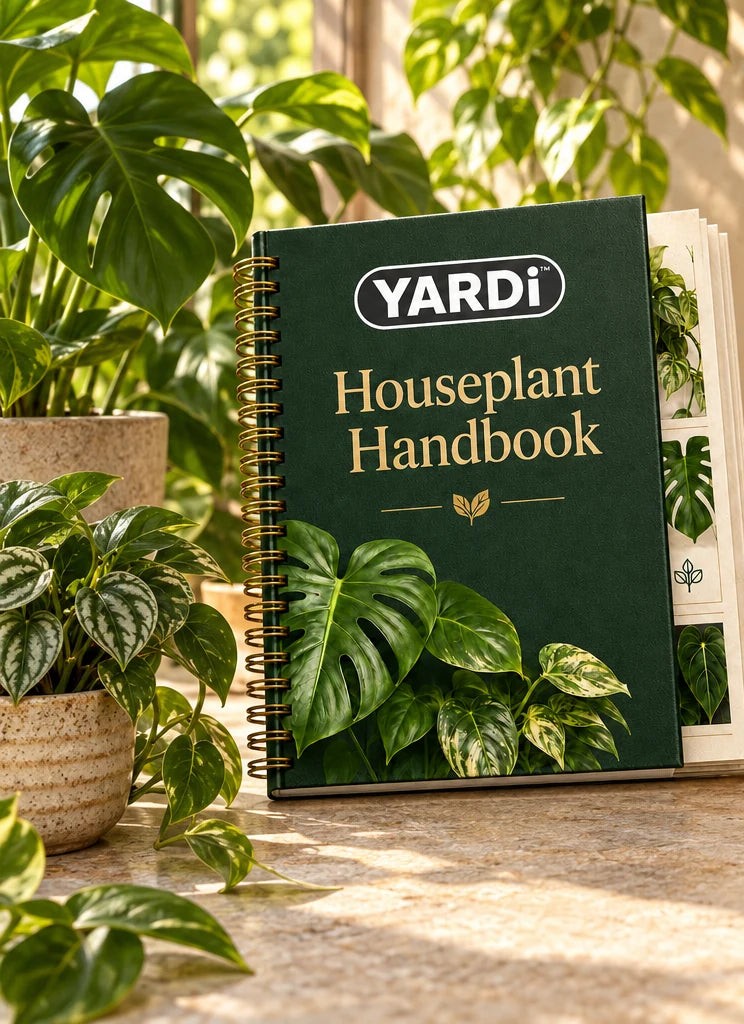 The YARDi Houseplant Handbook among houseplants in a sunlit studio