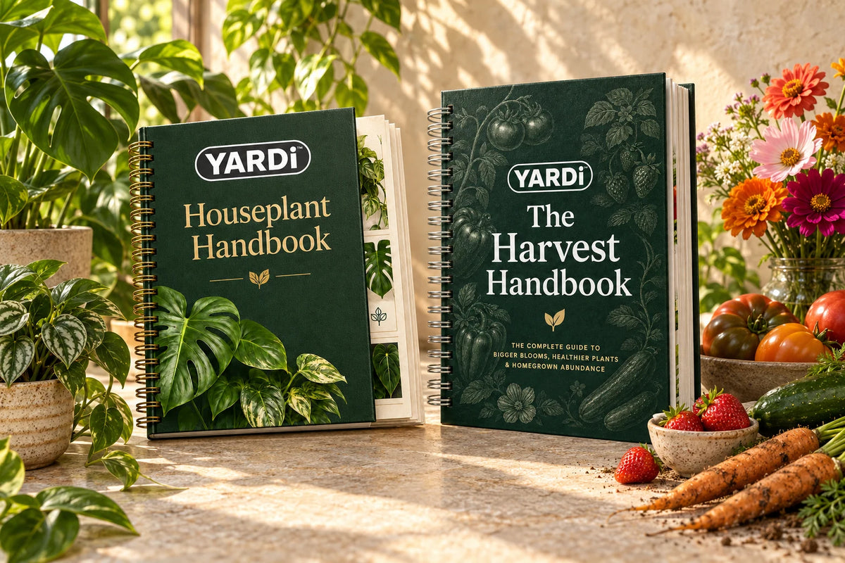 The YARDi Houseplant Handbook and Harvest Handbook with houseplants, vegetables and cut flowers