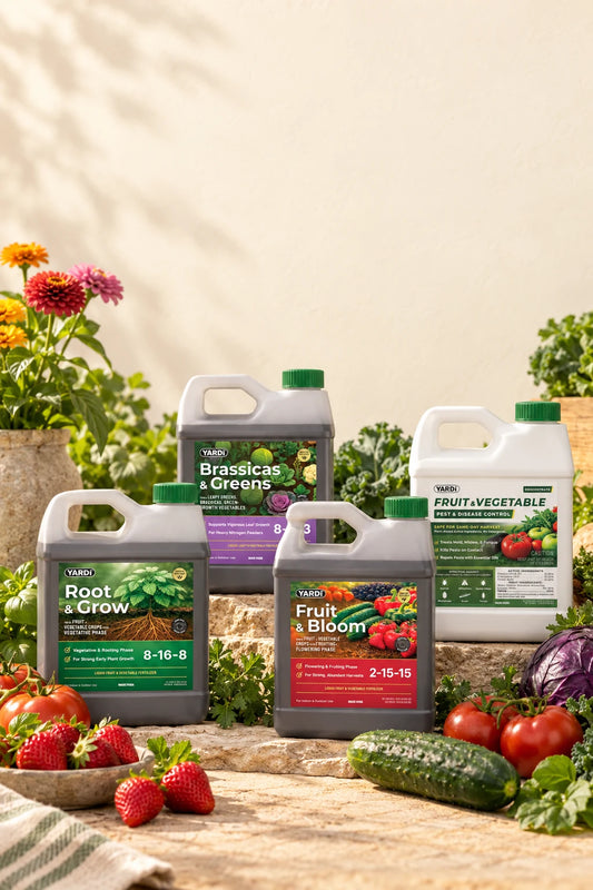 YARDi Outdoor products with homegrown vegetables and flowers